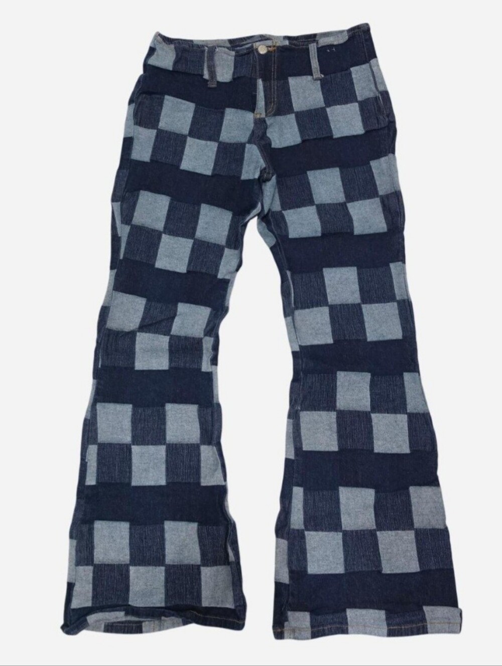 Vtg 90s Watch LA Checkered Flare Jeans - Y2K Patchwork Print Bell Bottoms